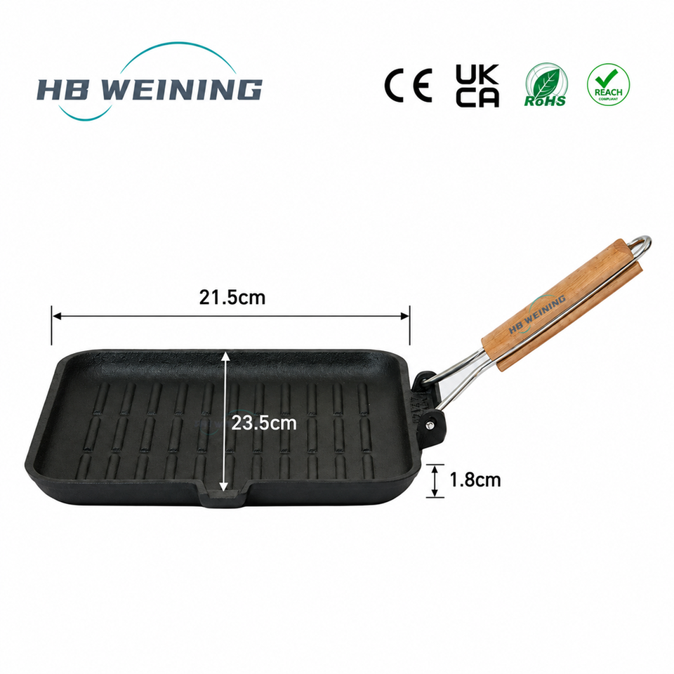 OEM Pre-Seasoned Cast Iron Square Ribbed Grill Pan with Foldable Wooden ...