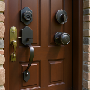 VSVOR Ensemble de poignées de porte d'entrée en cuivre antique avec serrure à cylindre unique, espacement des trous réglable, pour droitiers et gauchers - Product Image 2