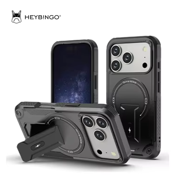 2025 New Drop Protection Wireless Charge Magnetic Phone Case for 16/17 Pro Max Kickstand Camera Lens Protector PC+TPU