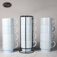 Ensemble de 4 tasses à café en céramique SWT, grandes, empilables, à motifs gaufrés, pour latte, cappuccino, thé, chocolat chaud, avec support