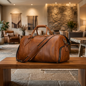 Sac de voyage unisexe en cuir véritable, forme ovale, double poignée, fermeture éclair, moins de 20L, durable, marron, à porter sur l'épaule - Product Image 2
