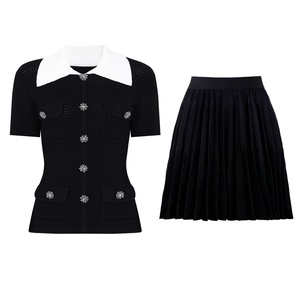 En Stock: Conjunto de Falda Midi Plisada <span class=keywords><strong>y</strong></span> <span class=keywords><strong>Camisa</strong></span> de <span class=keywords><strong>Manga</strong></span> <span class=keywords><strong>Corta</strong></span> Tejida con Cuentas, de Alta Gama <span class=keywords><strong>y</strong></span> a la Moda, Nueva Colección de Verano - Product Image 3