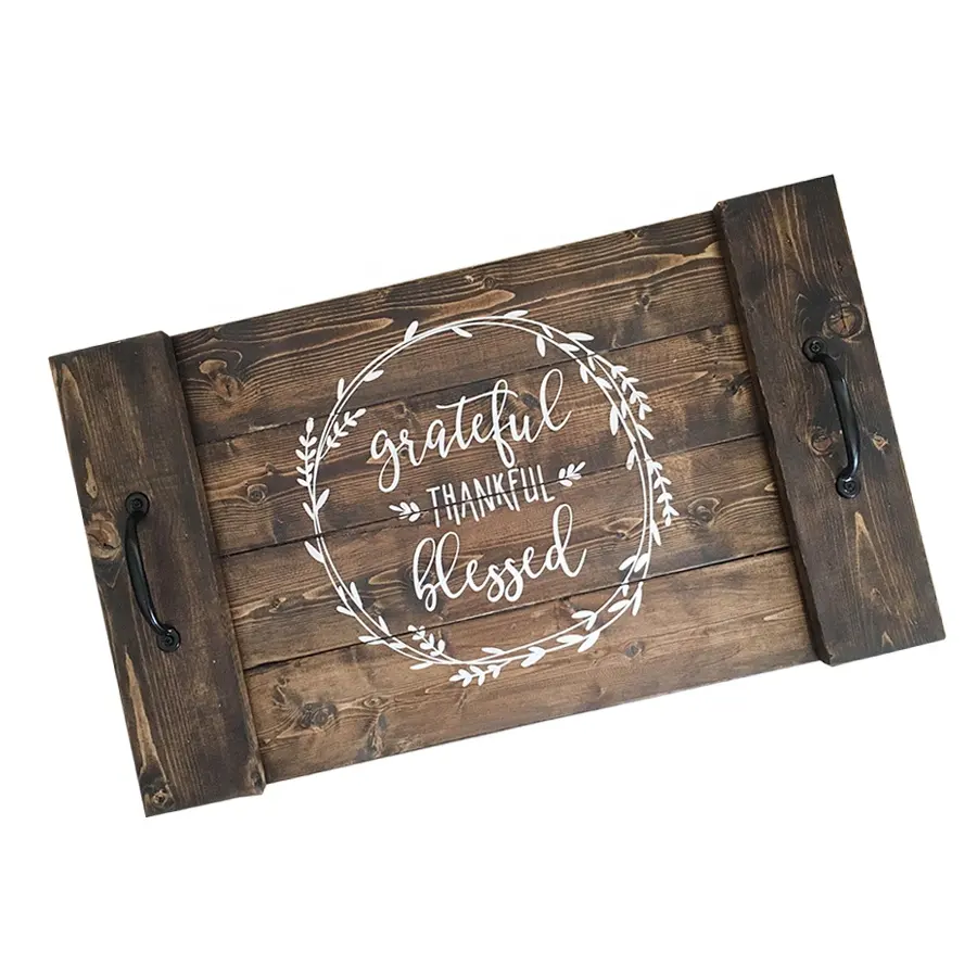 Farmhouse Serving Grateful Thankful Blessed Wood Serving Tray With Handles