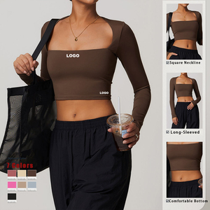 Top corto de manga larga para yoga y correr para mujer, ropa deportiva transpirable con cuello cuadrado y Camiseta deportiva estampada para gimnasio - Product Image 2