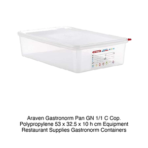 Polypropylene GN 1/1 Food <b>Pan</b> 53 × 32.5 × 10 h cm, with <b>Lid</b>, -40/+95 °C Araven - Product Image 2