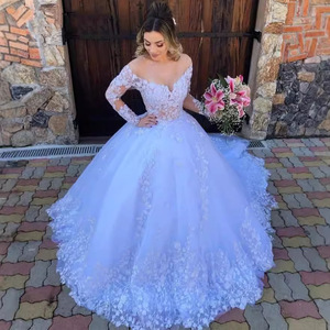 White Ball Gown Wedding Dress Off Shoulder Long Sleeve Lace Empire Waistline Sweetheart Neckline Vintage Style Bridal Dress - Product Image 4