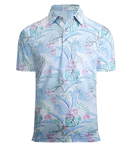 Polo à manches courtes pour homme, imprimé palmiers blancs et bleus, décontracté, respirant, 100% polyester tissé, imprimé numérique, coupe classique - Product Image 4
