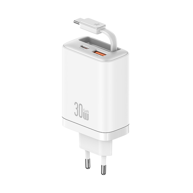 USAMS CC296 Portable Eu Plug 30W Multi Type c Retractable Cord Phone Wall Travel Charger Adapter for apple iphone 16 15 Pro Max