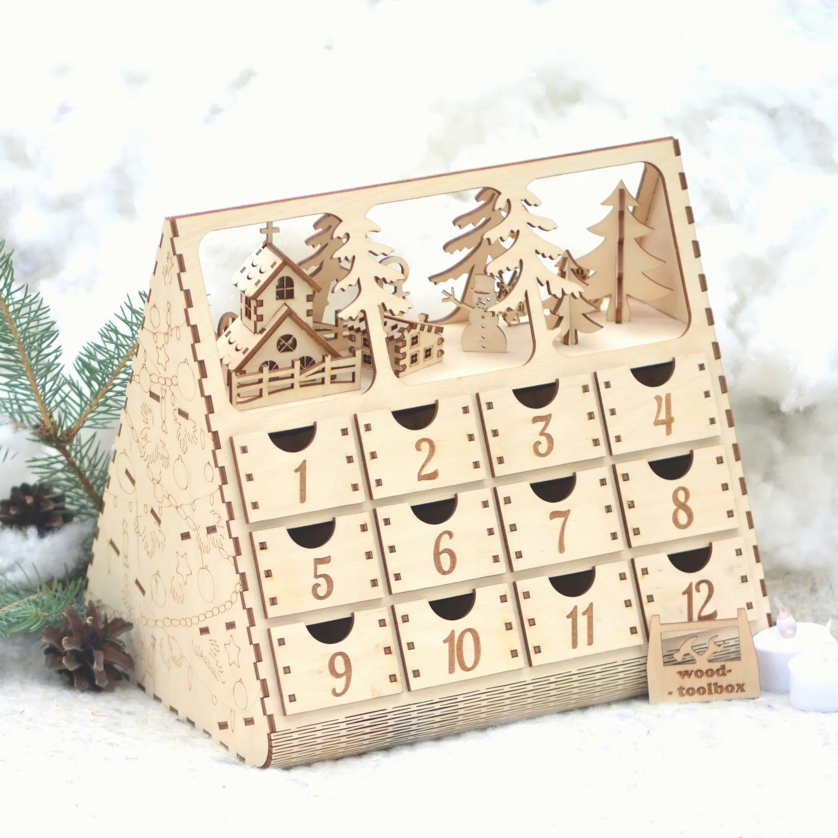 Деревянная 12-дневная упаковочная коробка Деревянный Рождественский Адвент-календарь