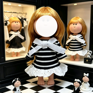 Ensemble de robes de style occidental pour poupées de 24 cm, robe en dentelle rayée noire et blanche et tenue à carreaux avec nœud gris - Product Image 3