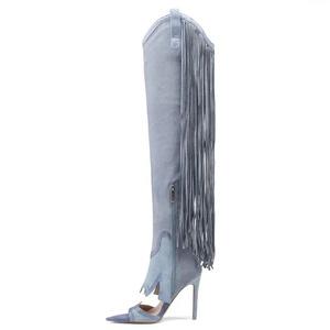 Women Flock Tassels Over Knee High <b>Boots</b> Peep Toe Stiletto Heels Diamonds Patchwork Shoes Side Zipper Summer Long Booties - Product Image 6