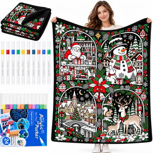 Couverture de coloriage de Noël en gros avec 24 marqueurs, plaid en velours double couche DIY pour adultes et enfants - Product Image 1