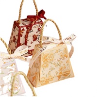 Boîtes à bonbons de mariage, boîtes en carton recyclables pliables, logo personnalisé, poignée dorée perlée, ruban, boîte cadeau de mariage