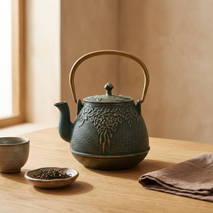 Traditional Chinese Metal Tea <b>Kettle</b> With Lid <b>Green</b> Leaf Design Metal Handle Water Pot - Product Image 3