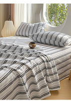 Parure de draps en percale 100 % coton biologique, soie naturelle, poches profondes, taille King, avec taies d'oreiller et drap-housse rayé