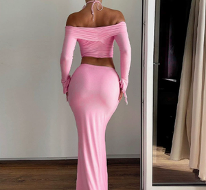 Viviblook Z323ST03 Ensemble Femme Été Tendance Sexy Top Court Sans Bretelles Manches Longues Jupe Moulante Deux Pièces - Product Image 2