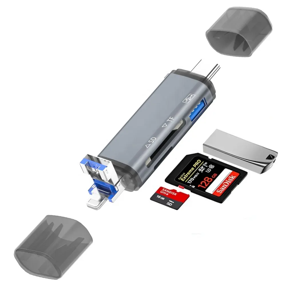 ADS-306 adaptor pembaca kartu memori 6 in 1, pembaca kartu memori SD/TF antarmuka Multi USB 3.0/tipe-c/pencahayaan untuk pembaca kartu iPhone IOS
