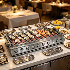 Parrilla de Gas Comercial de 10 Quemadores Ampliada para Asar Pescado (Calamar) en Brochetas Mixtas, Equipo de Cocina para Restaurantes y Catering - Product Image 5