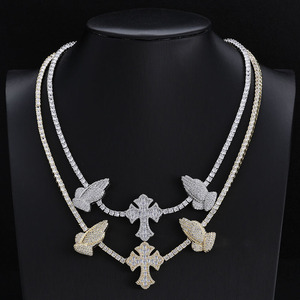 Hip Hop Brass/Copper Alloy 3.5mm <b>Cross</b> Prayer Hand Zircon Micro Insert Link <b>Chain</b> Customized Engagement Unisex Retro Necklace - Product Image 2