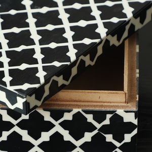 Flolenco Luxury Small Wooden <strong>Jewelry</strong> <strong>Box</strong> <strong>Decorative</strong> White Black Pattern with Cross-Shaped Ox Horn Bone Inlay Rectangle Shape - Product Image 3