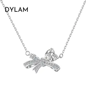 Dylam Stylish 2024 Valentine Day Gifts S925 Silver Rhodium Plated Link Chain Bow-Knot Bowtie 5A Cubic Zirconia Pendant Necklaces