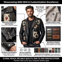 Blouson de motard en cuir pleine fleur pour homme, imprimé sérigraphié sur mesure, avec appliques OEM de cartes de poker, en cuir véritable, vente en gros
