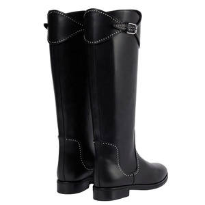 Botas de caballero de tacón bajo cuadrado con cremallera para mujer, botines largos de cuero auténtico hasta la rodilla, con remaches metálicos planos y hebillas, zapatos de señora - Product Image 6