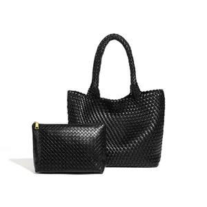 Woven Tote Bag Vegan Leather Handwoven Shoulder Bags Large Capacity Handbags With Small Purse