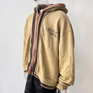 Sweat à capuche zippé personnalisé pour homme, coupe ample et courte, effet délavé, triple capuche, triple couche de fermeture éclair - Product Image 2