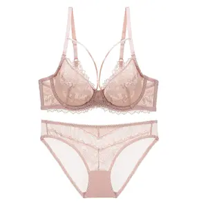 Nhẹ Nhàng Đào OEM Ladies Sexy Net Bra Set Áo Ngực Trong Suốt Bộ Tóm Tắt Của Phụ Nữ Ren Desire Non-foam Underwire Áo Ngực