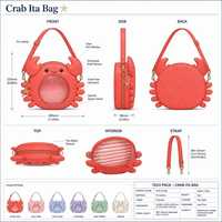 Sac Ita personnalisé en forme de crabe mignon avec fenêtre transparente en PVC, doublure à rayures style bord de mer, fermeture éclair étoile de mer et sangle à breloques