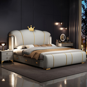 <span class=keywords><strong>Fancy</strong></span> lưu trữ giường đặt đồ nội thất phòng ngủ itaian sang trọng mềm Vua giường với ánh sáng ban đêm hiện đại cao cấp màu xám da khung giường - Product Image 1