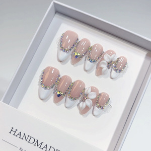 Faux ongles à presser <span class=keywords><strong>avec</strong></span> <span class=keywords><strong>strass</strong></span>, faits à la main, fleurs 3D blanches, ongles de luxe en cristal, couverture complète, capsules à presser - Product Image 4