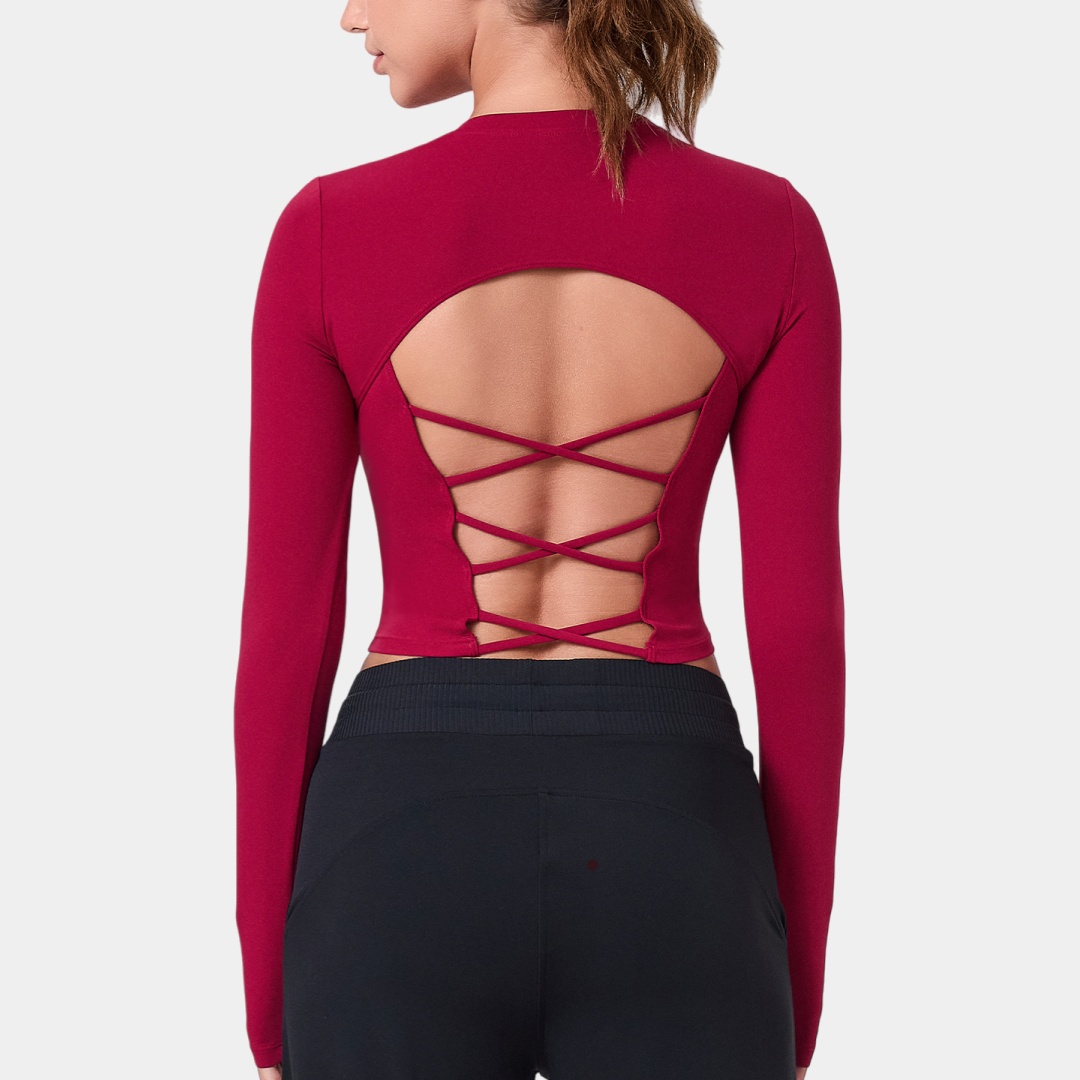 Breathable Cross Backless Long Sleeves Fitness Yoga Top Four-Way Stretch Plus Size Workout Tank Top Fixed Cup Gym Shirts