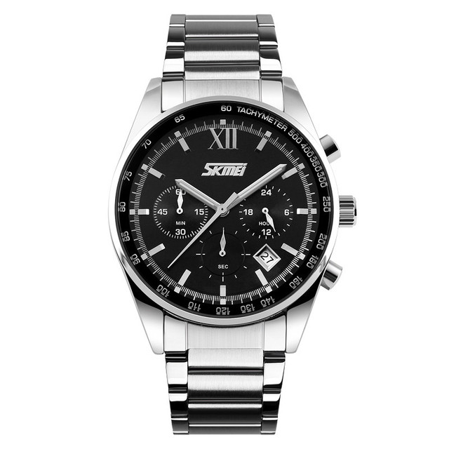 Fashion Skmei 9096 Men Stainless Steel Watches for Men Luxury Date Chronograph Quartz Watch