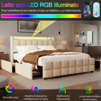 Multifunktionales Polsterbett mit App-gesteuertem LED-Beleuchtungssystem, Integrierter Stromanschluss und Rollbarem Unterbett-Korb