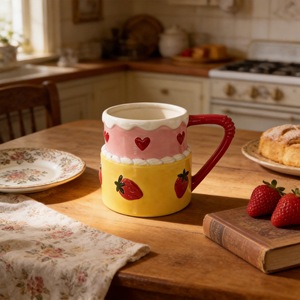 Taza de cerámica con diseño de fresa y corazón, hecha a mano, para café, desayuno y uso doméstico. - Product Image 1