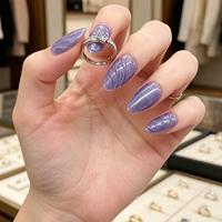 Ongles à presser en ABS de haute qualité, forme amande moyenne, effet œil de chat violet, motif vague d'eau 3D, brillants, réutilisables, 24 pièces
