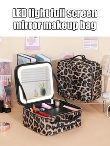 Leopard Print <b>Makeup</b> <b>Case</b> With Lighted Mirror PU Material Zipper Closure Fashion Cosmetic Bag Medium Size Soft Multi-Function - Product Image 3