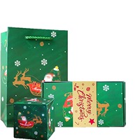 Combo de Bolsa y Caja de Papel Kraft Navideños con Diseño de Santa Claus y Copos de Nieve, Ecológicos, Reutilizables, para Envolver Regalos en la Celebración de Navidad