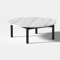 Table basse ronde en pierre frittée, style décontracté, en marbre blanc avec pieds en acier inoxydable noir