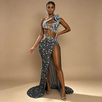 Robe de soirée longue sirène sexy ornée de fleurs et de strass, robe de bal pour femme avec fente haute, idéale pour les concours, banquets et dîners, tenue de soirée