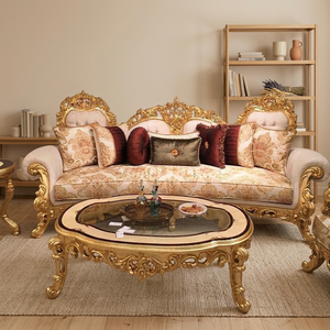 Juego de Sofá Seccional de 3 Plazas de Madera de Teca Sólida Hecho a Mano con Mesa a Juego, Muebles de Sala de Estar de Lujo en Oro Antiguo - Product Image 5