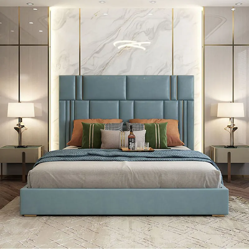 King Queen Set Tempat Tidur Minimalis, Desain Tempat Tidur Kamar Tidur Kulit Mewah Italia Lapis Kain Mewah