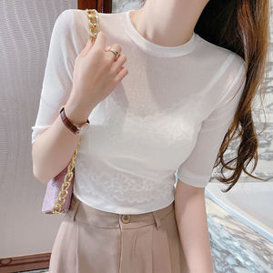 White Sheer <b>Mesh</b> <b>Top</b> <b>Women</b> Summer Short Sleeve Fitted Breathable Inner T-Shirt Casual Style - Product Image 5