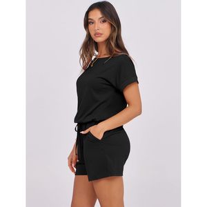 Romper For Women Summer Casual One Piece Short Sleeve Crew Neck Elastic Waist Loose Fit Beach Vacation Outfit 100% Polyester - Product Image 3