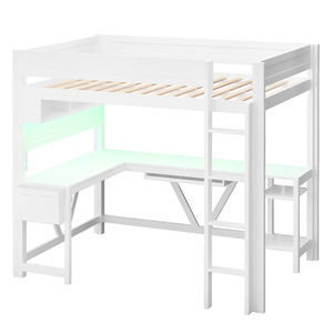 White <b>Gaming</b> Loft Bed With Desk Storage And Ambient <b>Lighting</b> For Bedroom Use - Product Image 5