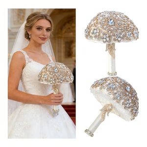 Bouquet de Flores de Seda Artificial com Broche de Ouro para Casamento, Bouquets de Cristal para Noivas e Festas - Product Image 6