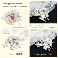 Élégante fleur de poignet en ruban rose, perles, strass et feuilles argentées scintillantes pour demoiselle d'honneur, mariée, mariage, bal de promo, décoration