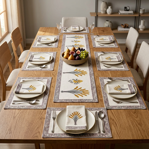 Ensemble de nappes en coton tissé à imprimé floral, sets de table et chemins de table imprimés à la main, décoration moderne pour la salle à manger - Product Image 3
